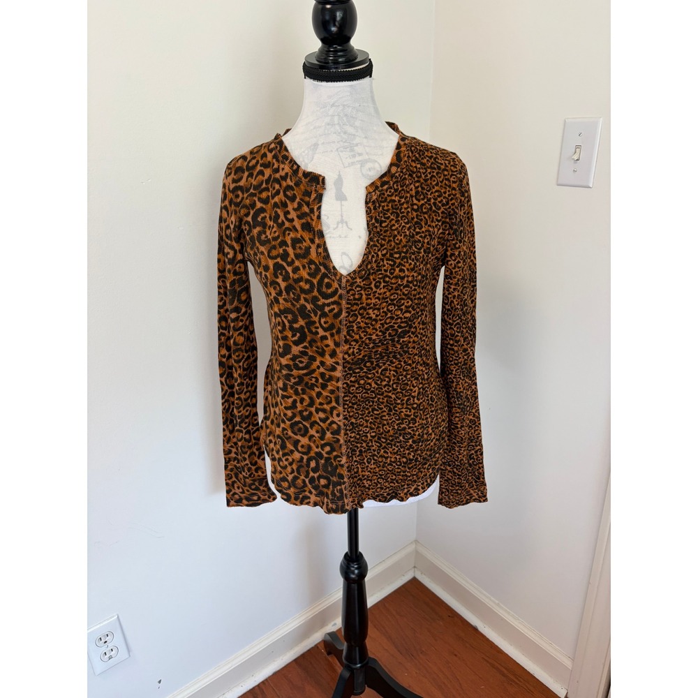 Pilcro Leopard Thermal Top Women XS Indie Grunge Mixed Animal Print Notched Neck